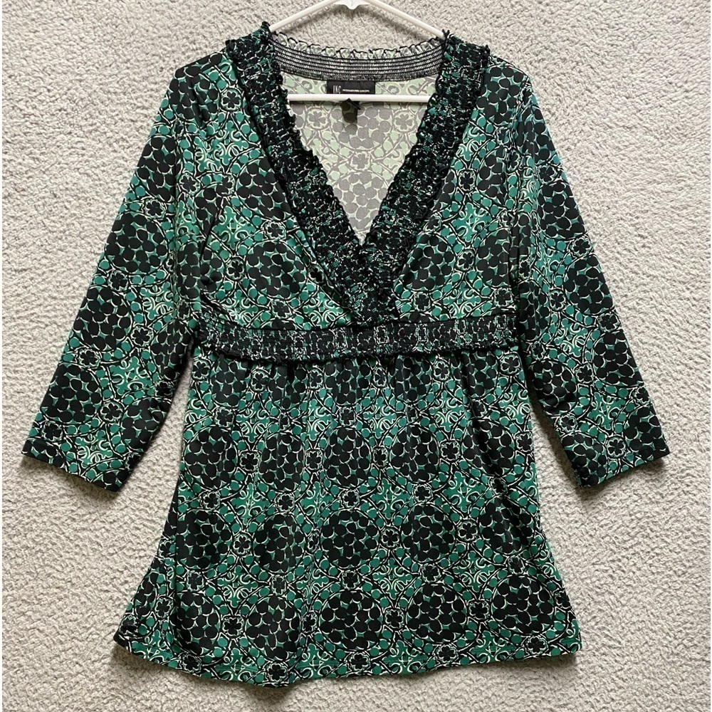 INC Tunic Womens Large Green Black 3/4 Sleeve Top Long Sleeve Blouse